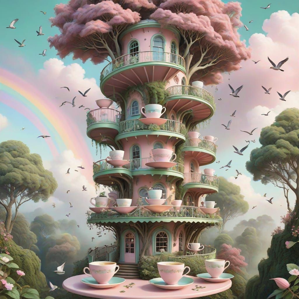 Whimsical Pastel Pink Coffeehouse Scene in a Dreamy Landscap...