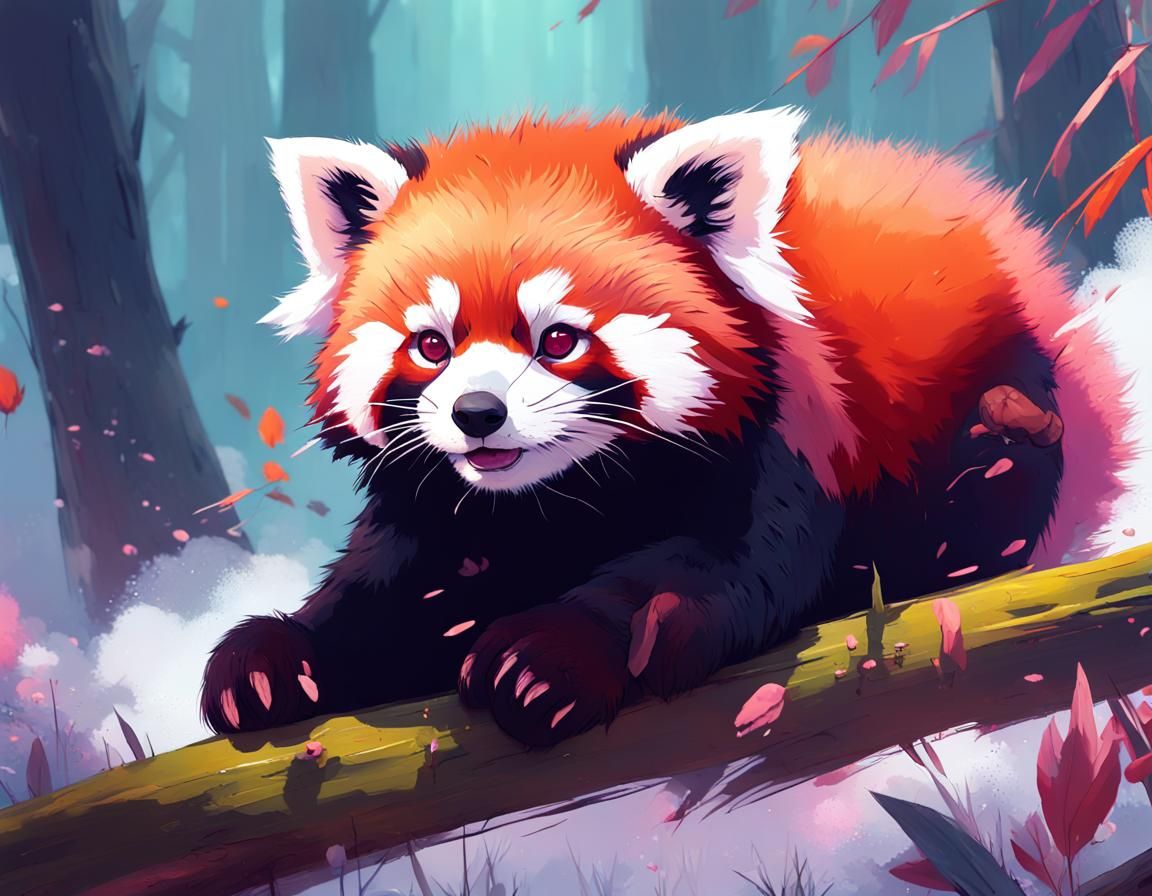 Adorable Red Panda Cub in Forest, Digital Art