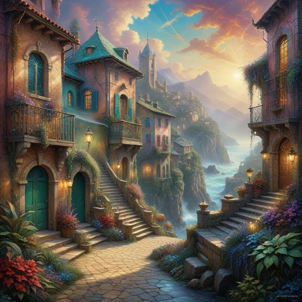 Ethereal Italian Townscape with Crepuscular Rays