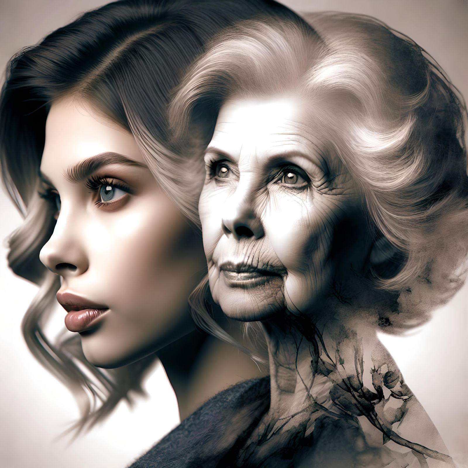 Double Exposure: Youthful Woman and Her Older Self