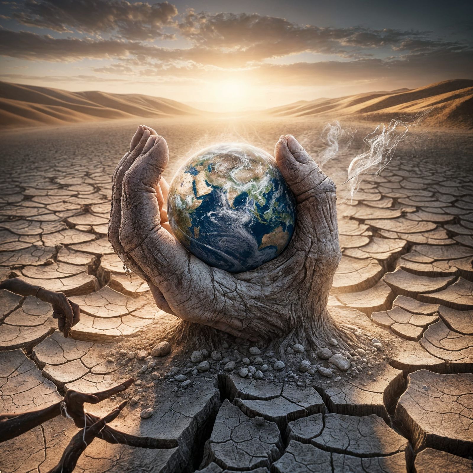 Hand Emerges from Desert Holding Miniature Earth