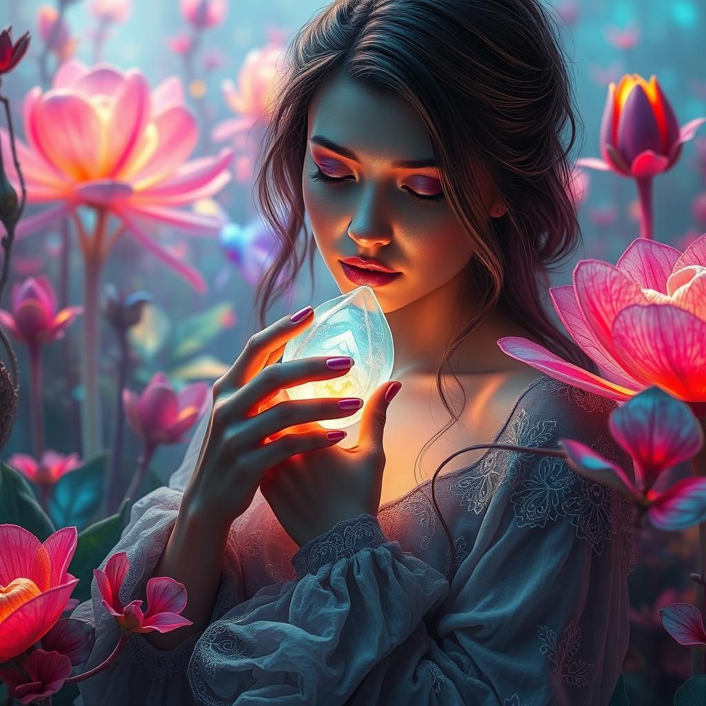 Woman with Glowing Seed Pod in Surreal Flora