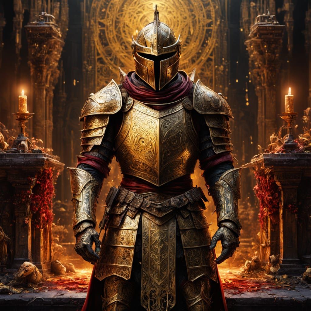 Knight in Golden Armor Before Ornate Altar