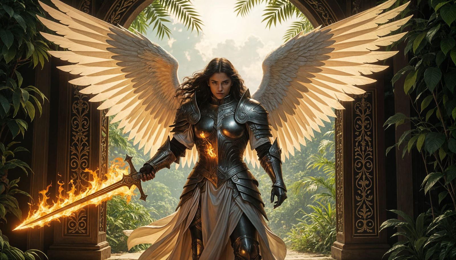 Fierce Angel with Flaming Sword Guards Eden Entrance