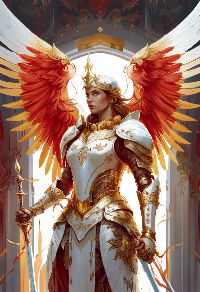 Knight Angel in White and Red Armor