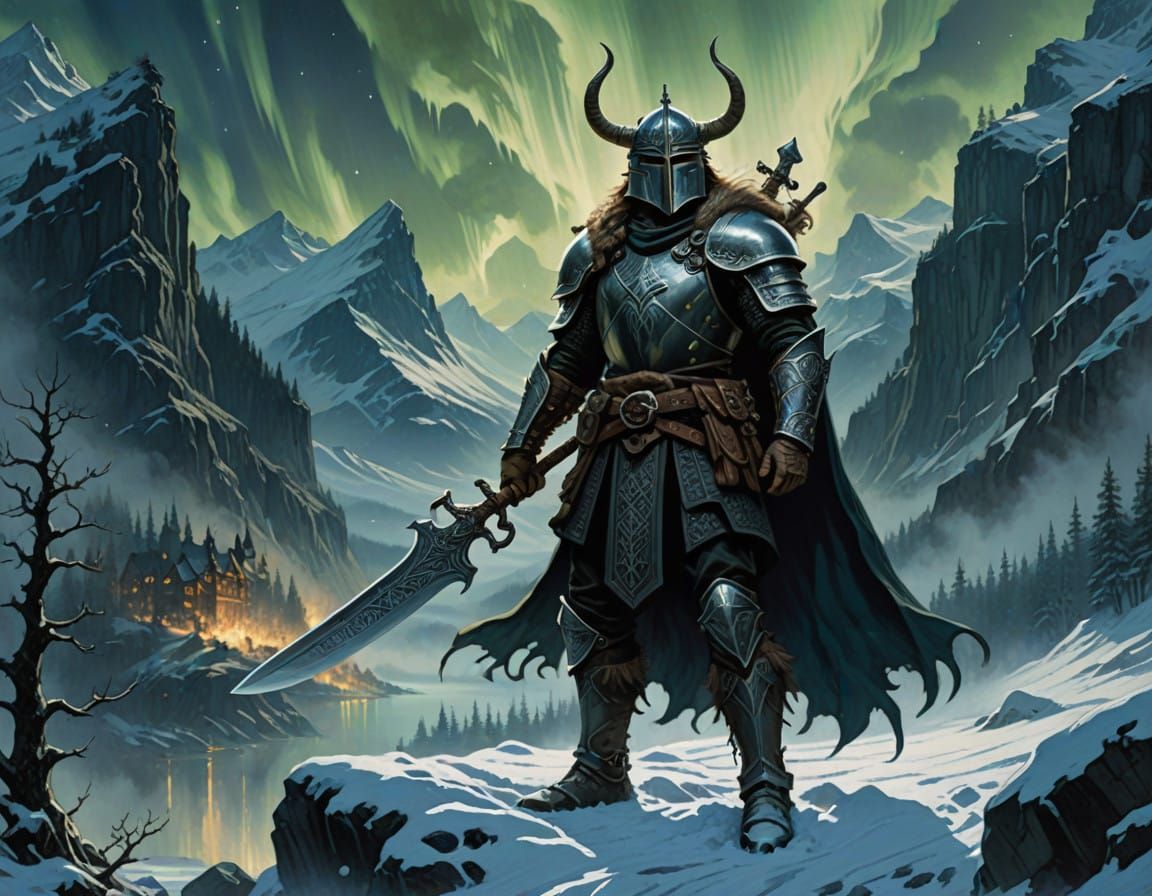 Epic Nordic Warrior Amidst Aurora and Fjord