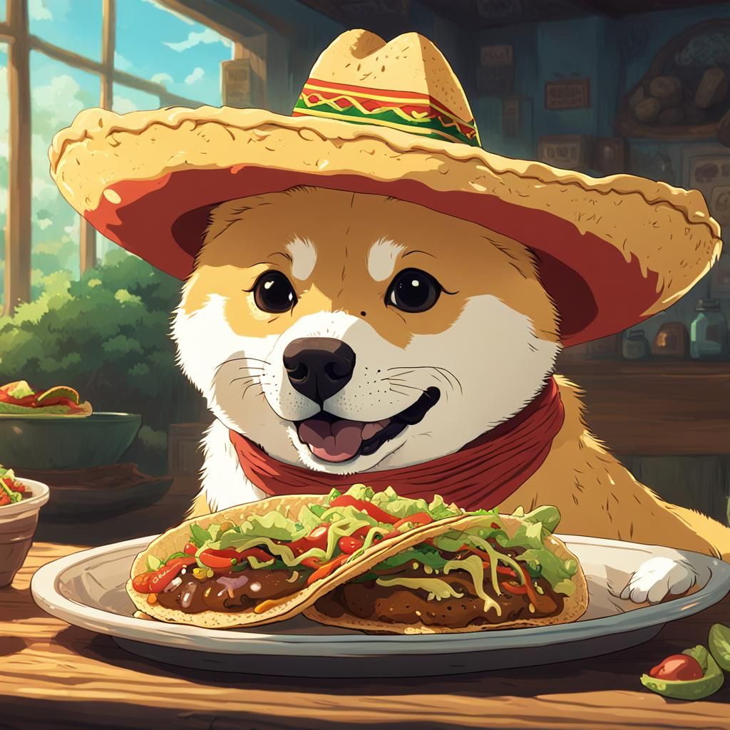Doge with Sombrero Eating Taco, Studio Ghibli Style