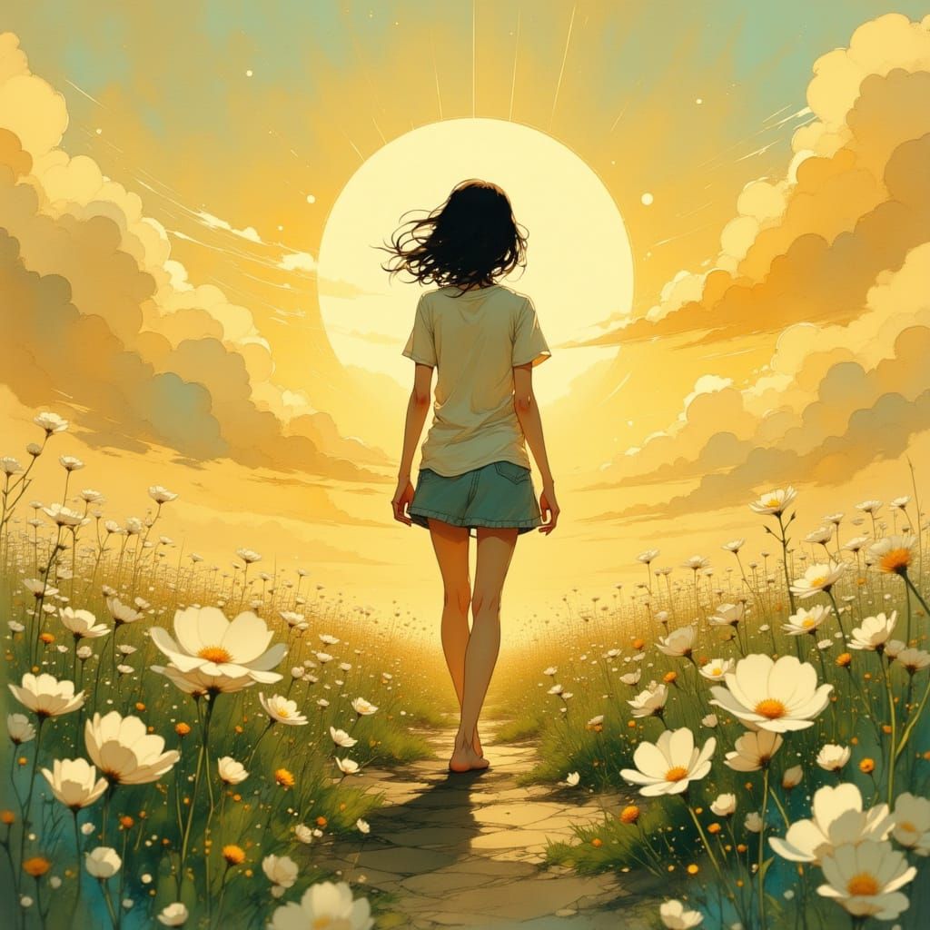 Anime Woman Walks Through Field of Flowers