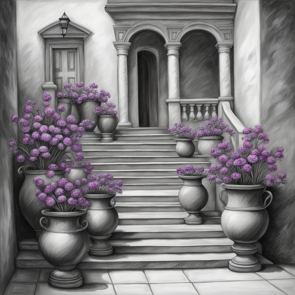 Grayscale Pencil Drawing of Violet Flowers