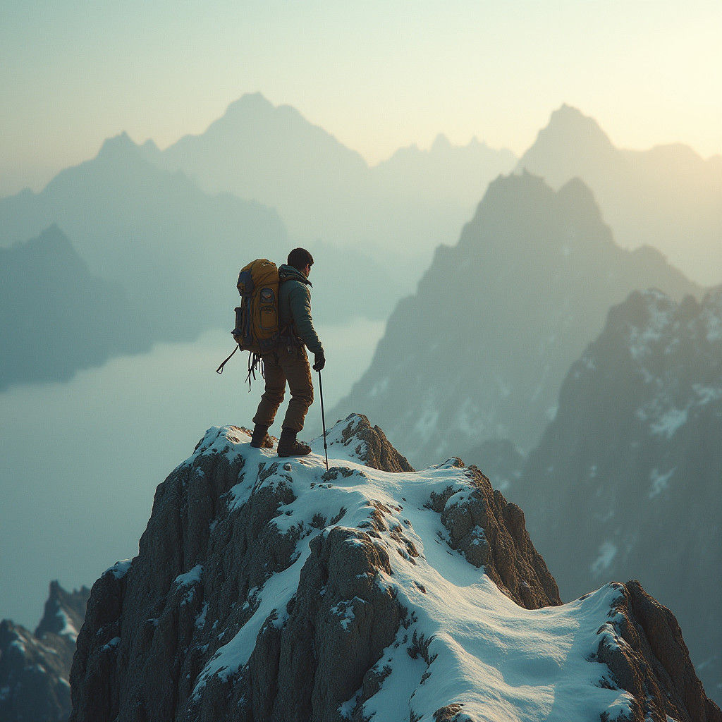 Mountaineer Ascends Snow-Capped Peak in Cinematic Style