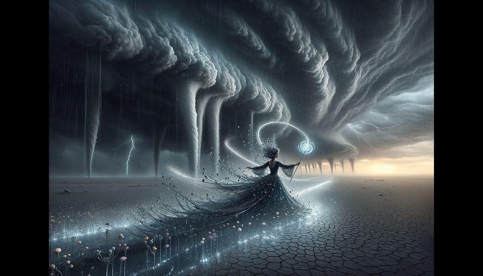 Victorian Rain Goddess in Dystopian Landscape