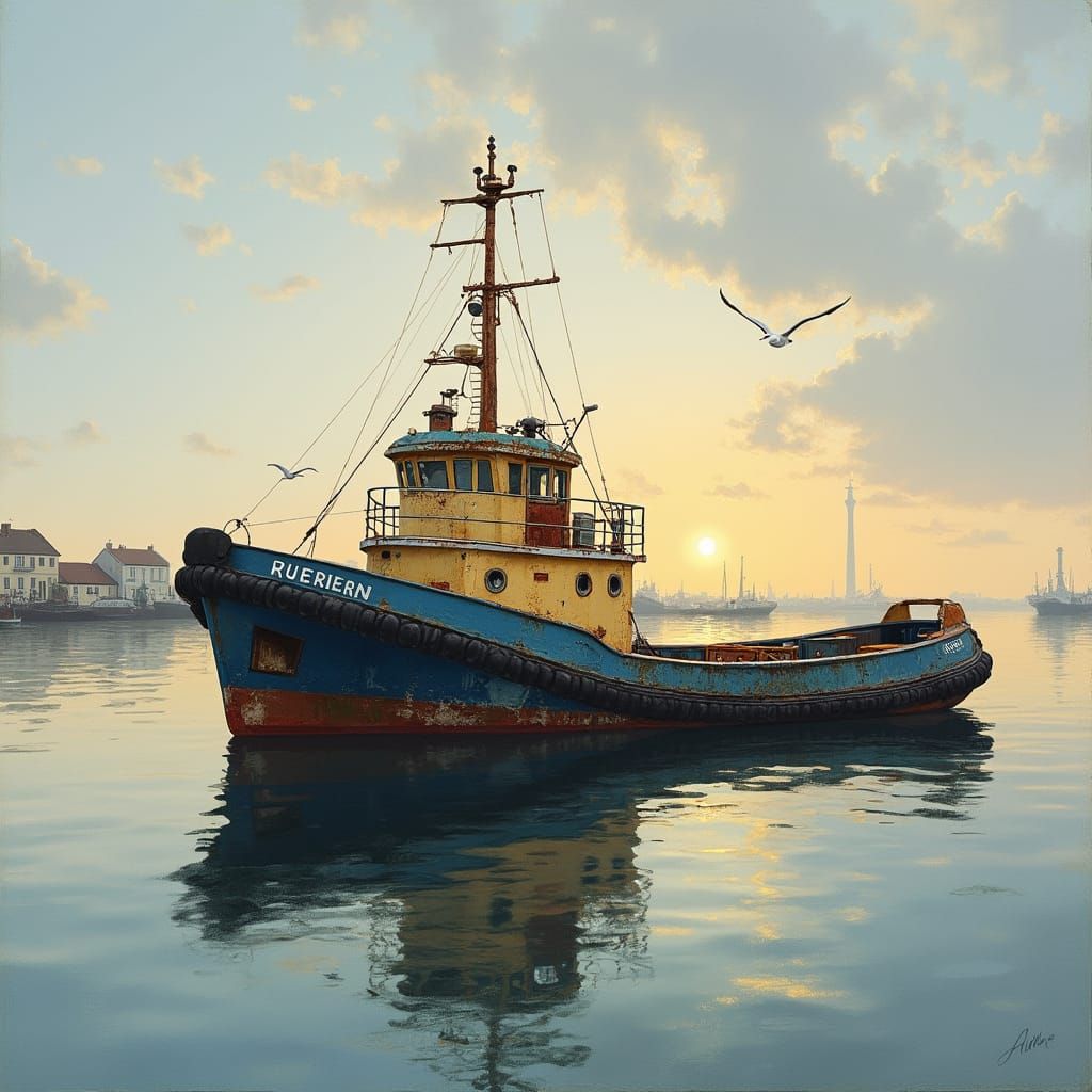 Tugboat in Harbor: Impressionist Maritime Scene