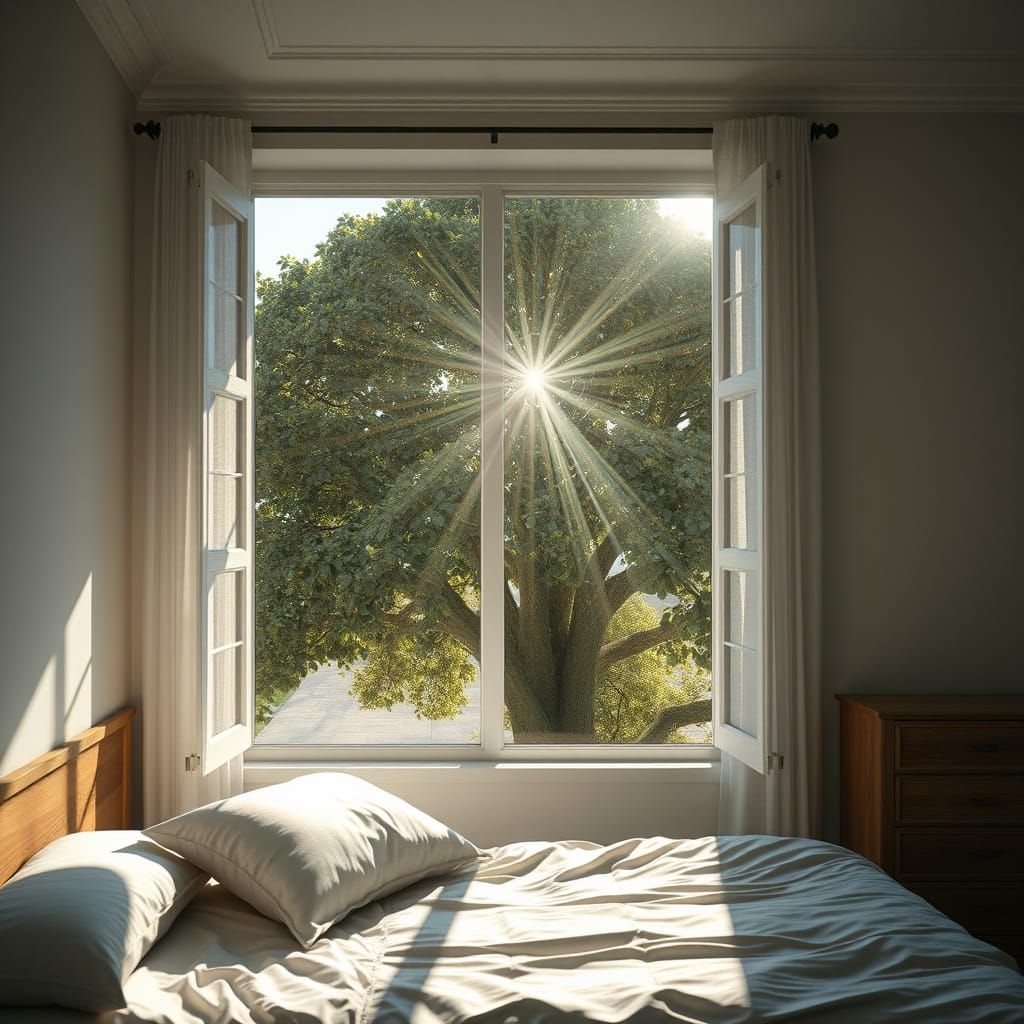 Surreal Bedroom with Rainbows and Tree, Photorealistic