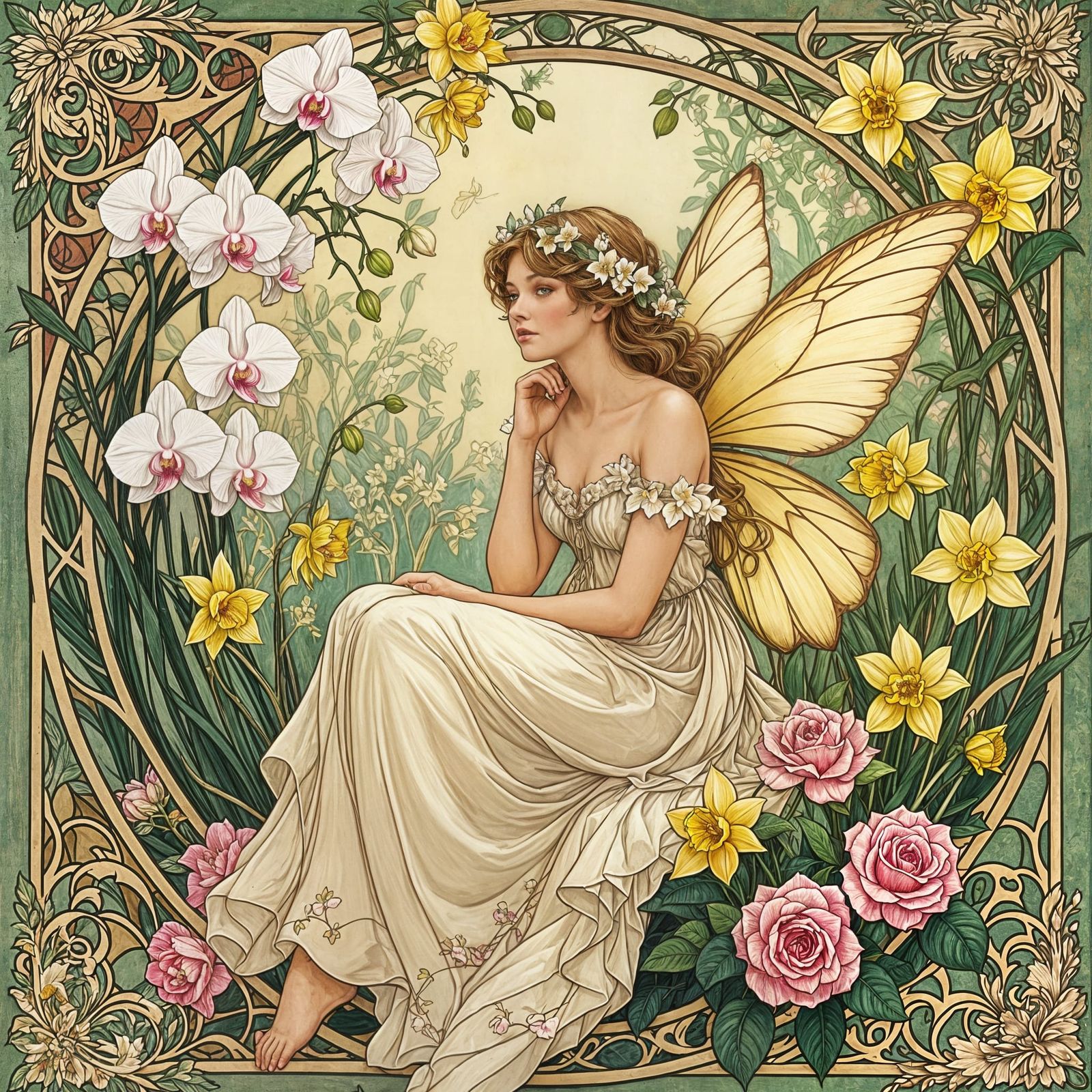 Fairy in Rose Lattice Frame with Flowers