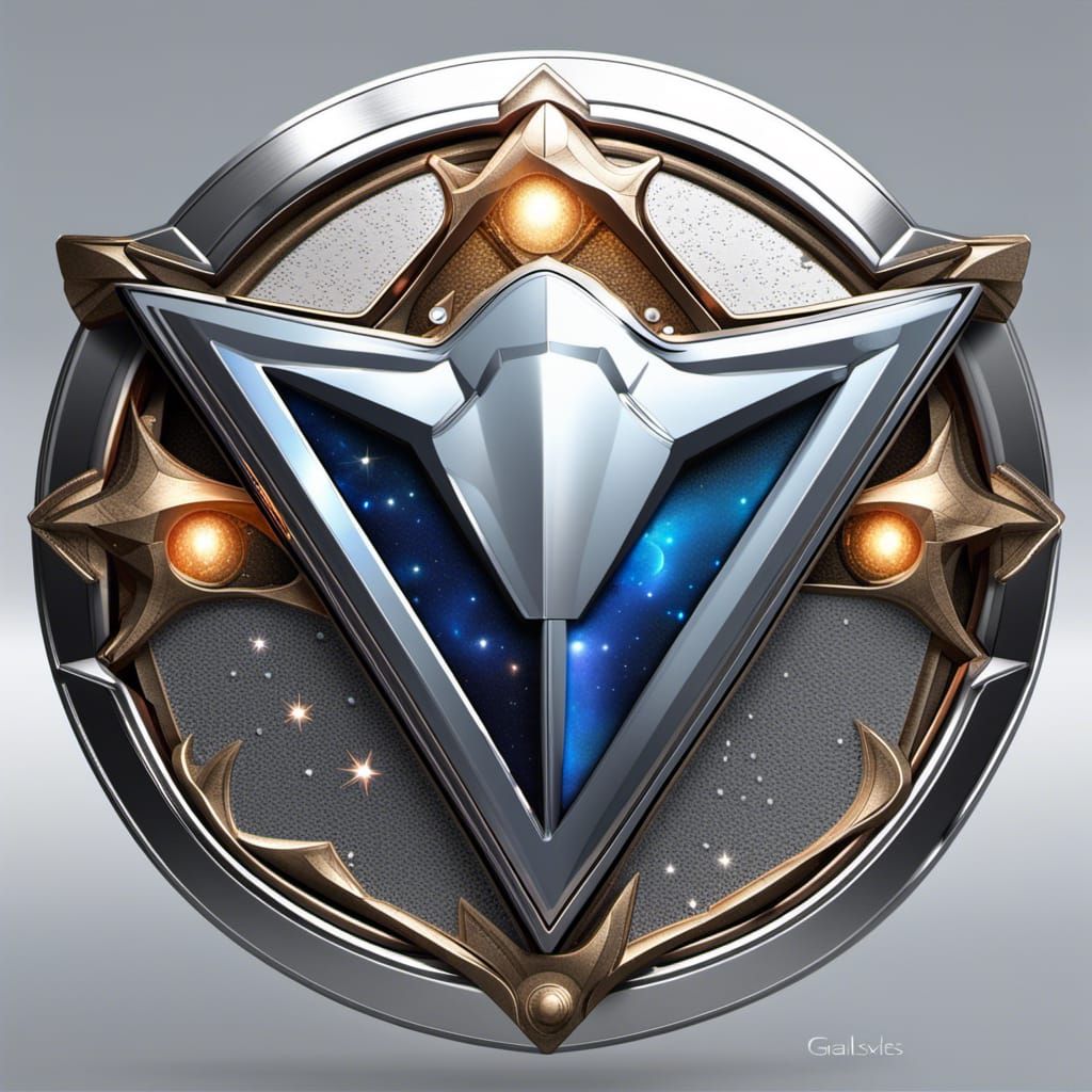 A silver shield with bisel borders and a superheroe engraved on it ;  the background will be many cristal balls with spa...