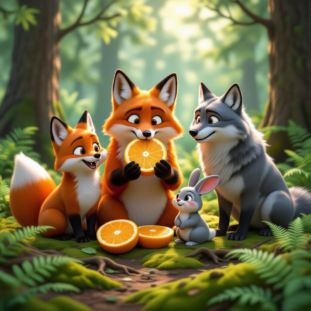 Fox, Bear, Rabbit, and Wolf Enjoying Oranges: Pixar Style