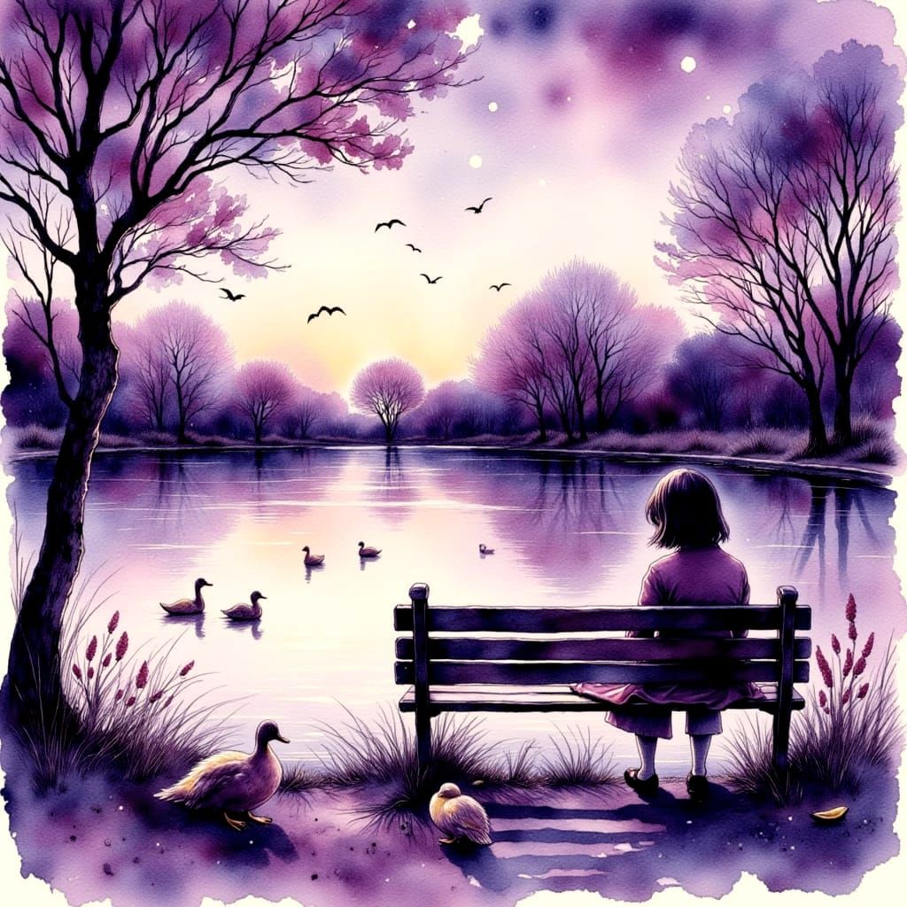 Pensive Girl with Ducklings: Purple Ink Drawing