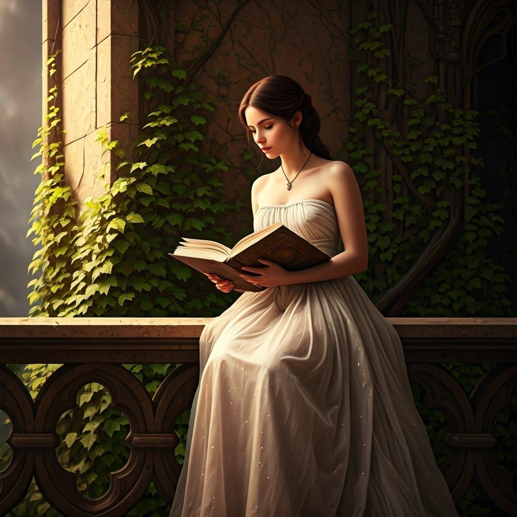 Woman Reading on Balcony in Fantasy Art Style