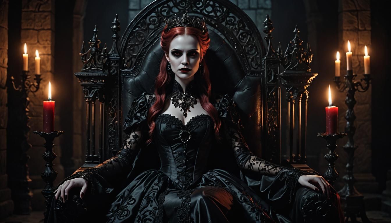 Elegant Vampire Queen on Throne in Candlelight