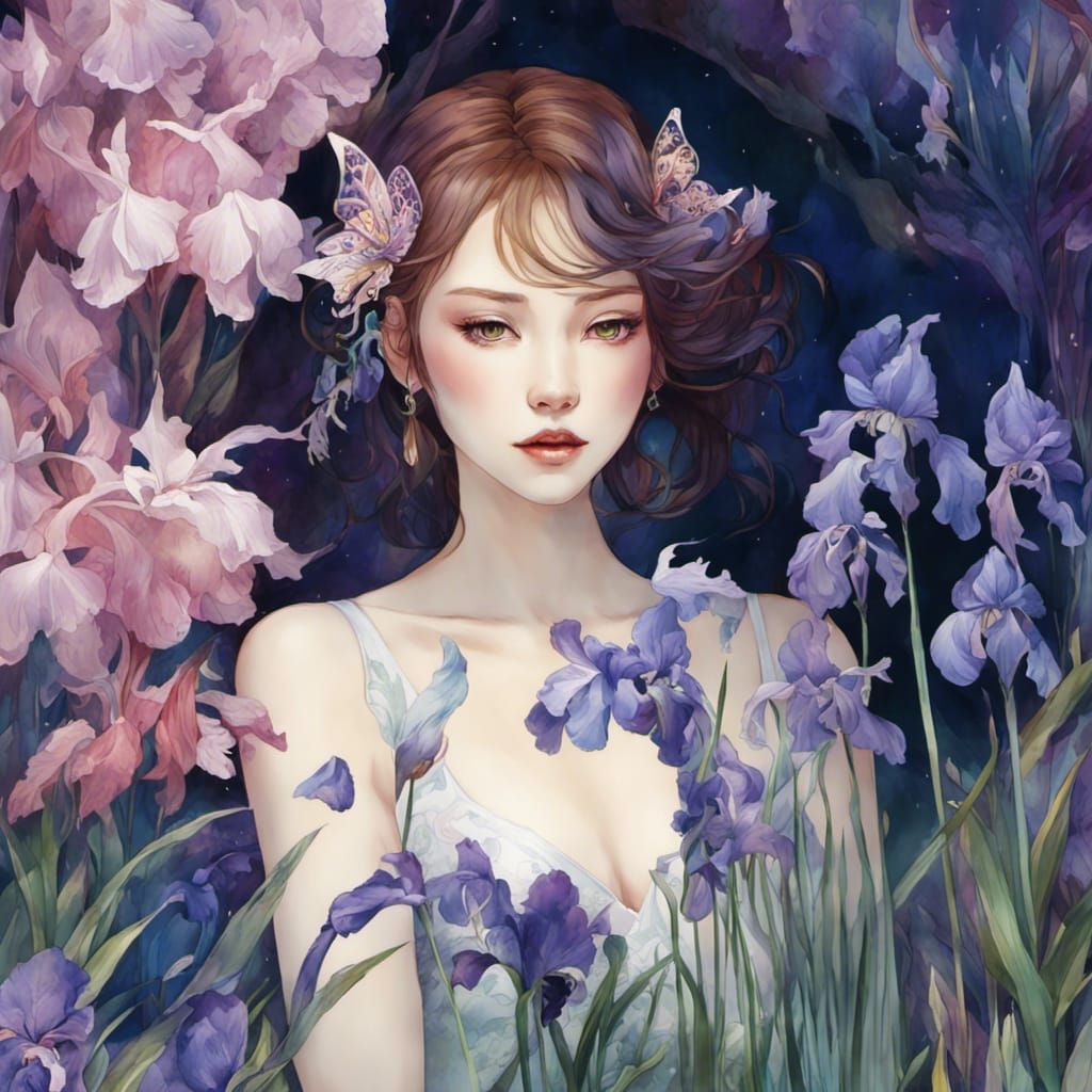 Dreamlike Watercolor: Woman Surrounded by Irises