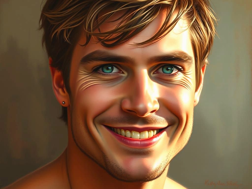 Handsome Man with Turquoise Eyes, Oil Painting Portrait