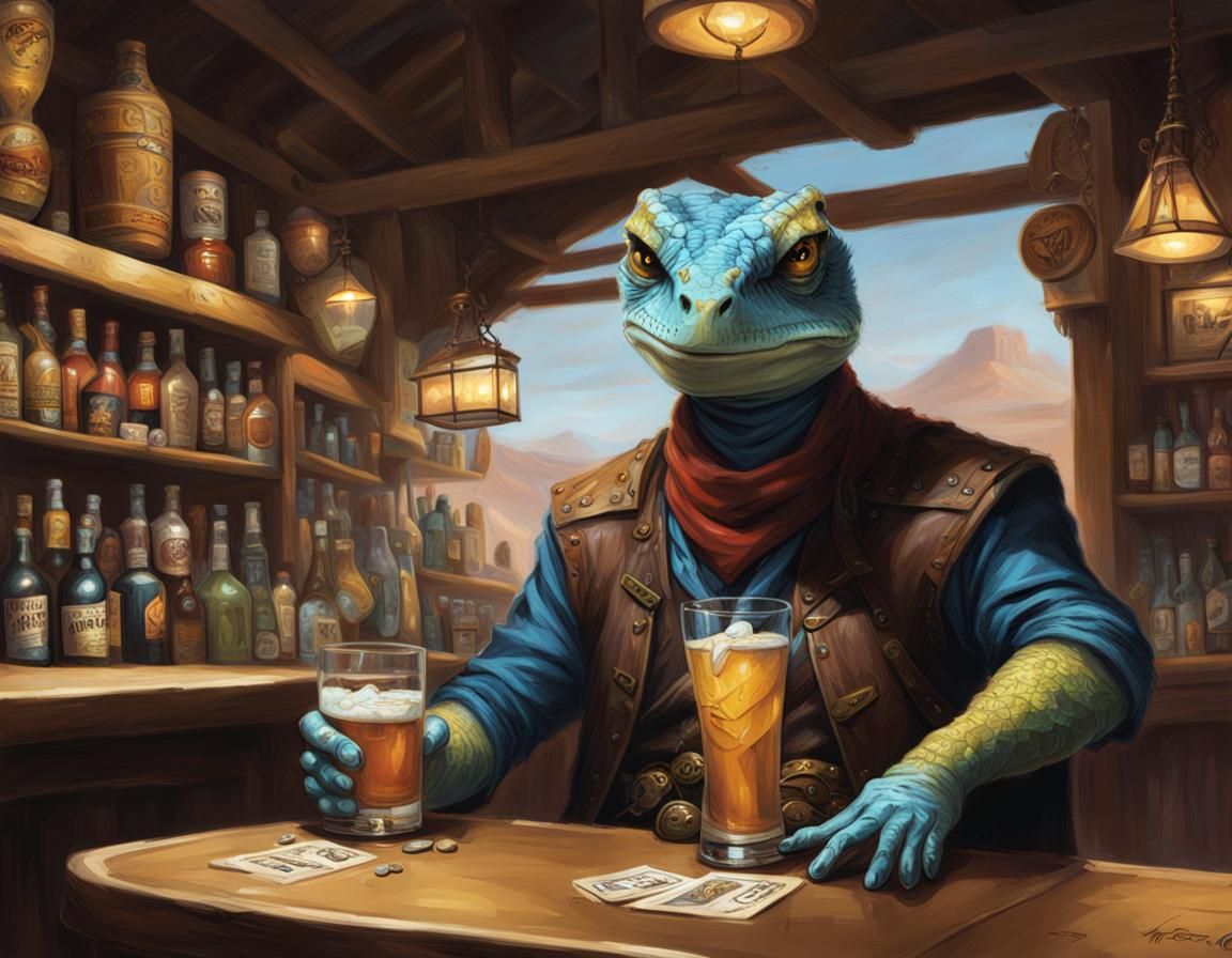 Desert Gecko Outlaw in Bar, MTG Style