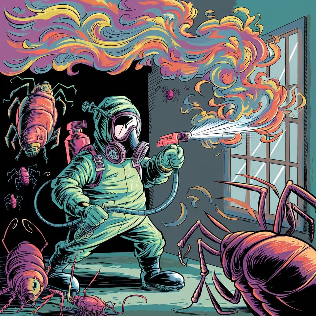 Cartoon Exterminator Battles Bugs with Swirling Smoke