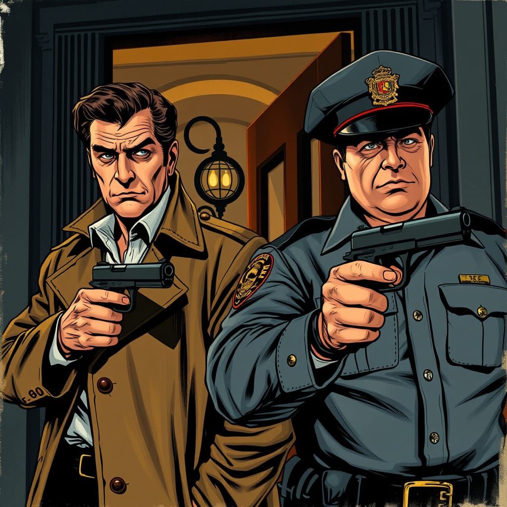 Detectives at Mansion Door in EC Comics Style