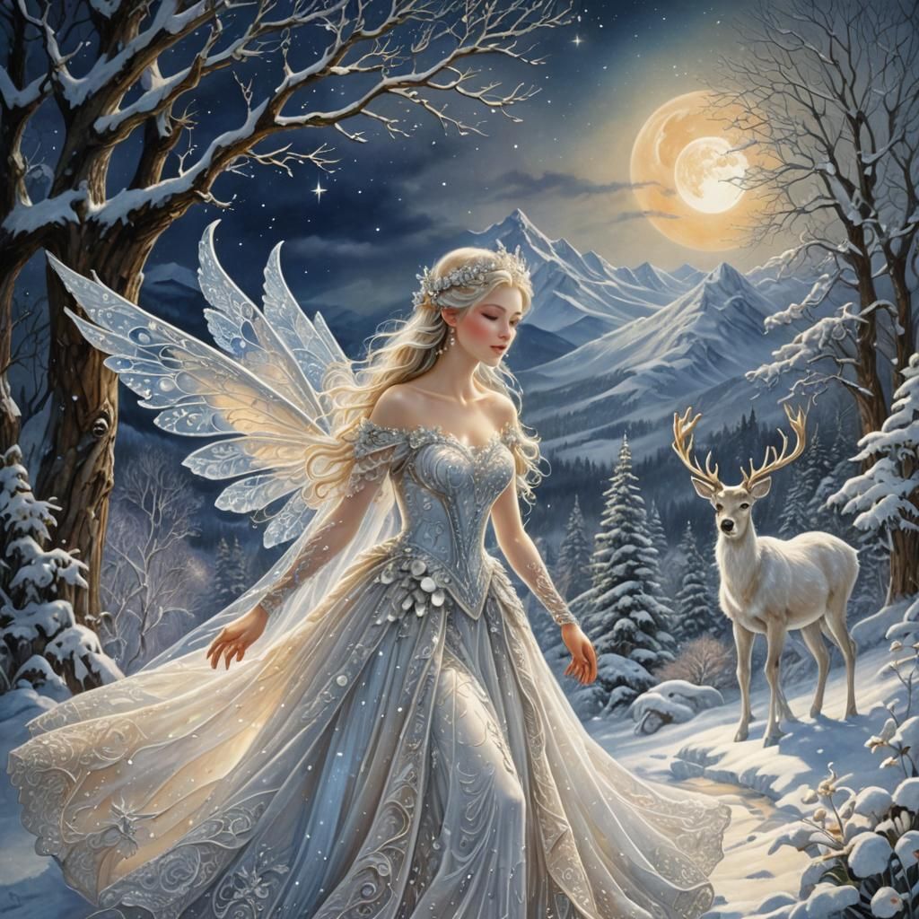Ethereal Winter Fairy in Snowy Landscape