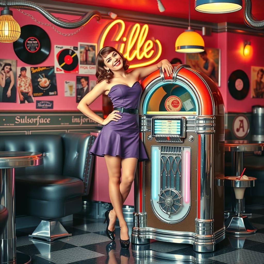 1950s Pinup Girl in Diner with Jukebox