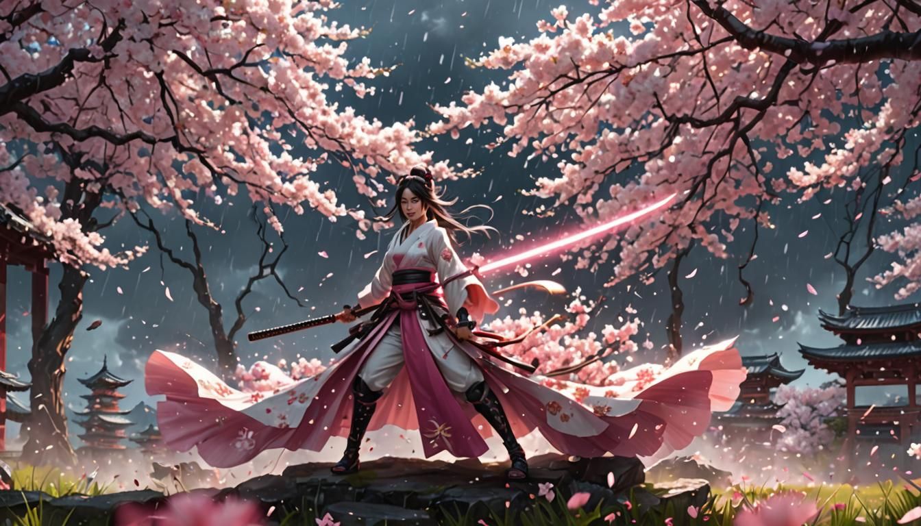 Cherry Blossom Samurai Woman in Anime Art Style