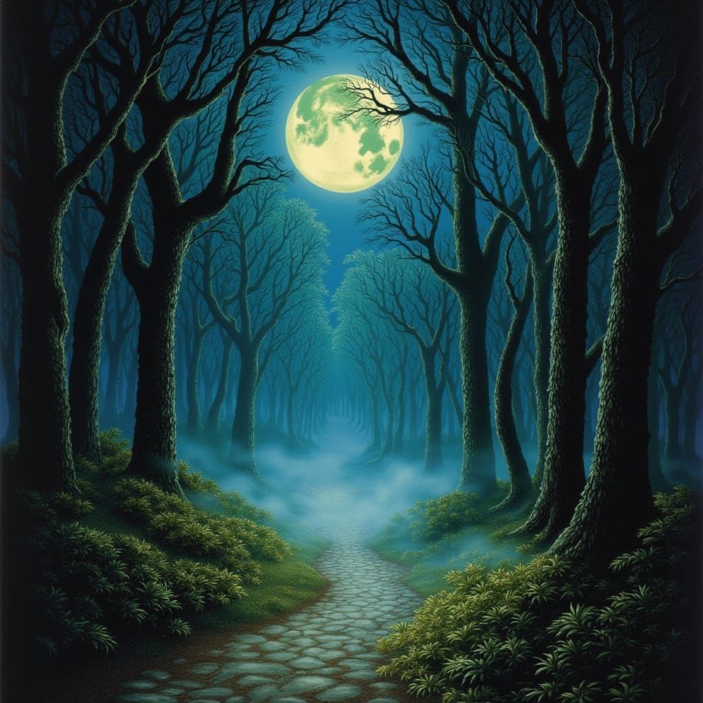 Enchanted Forest Moonlight Path Dark Fantasy Art