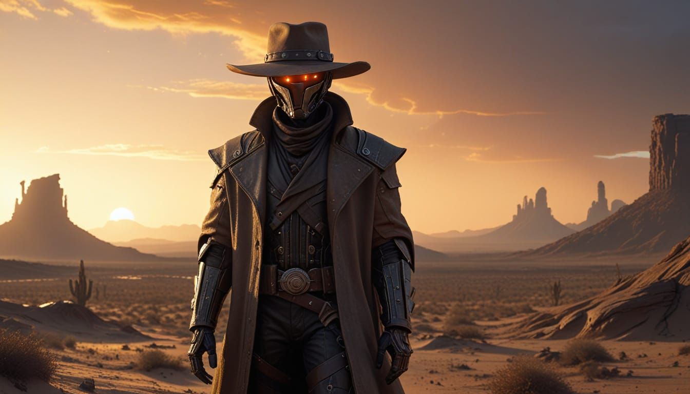 Cowboy Automaton in Alien Desert at Sunset