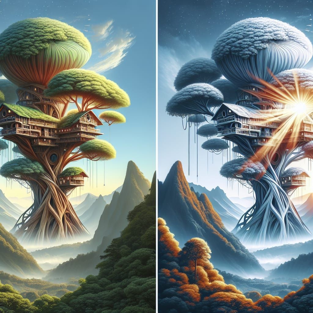 Gravity-Defying Treehouses in Surreal Mountain Landscape