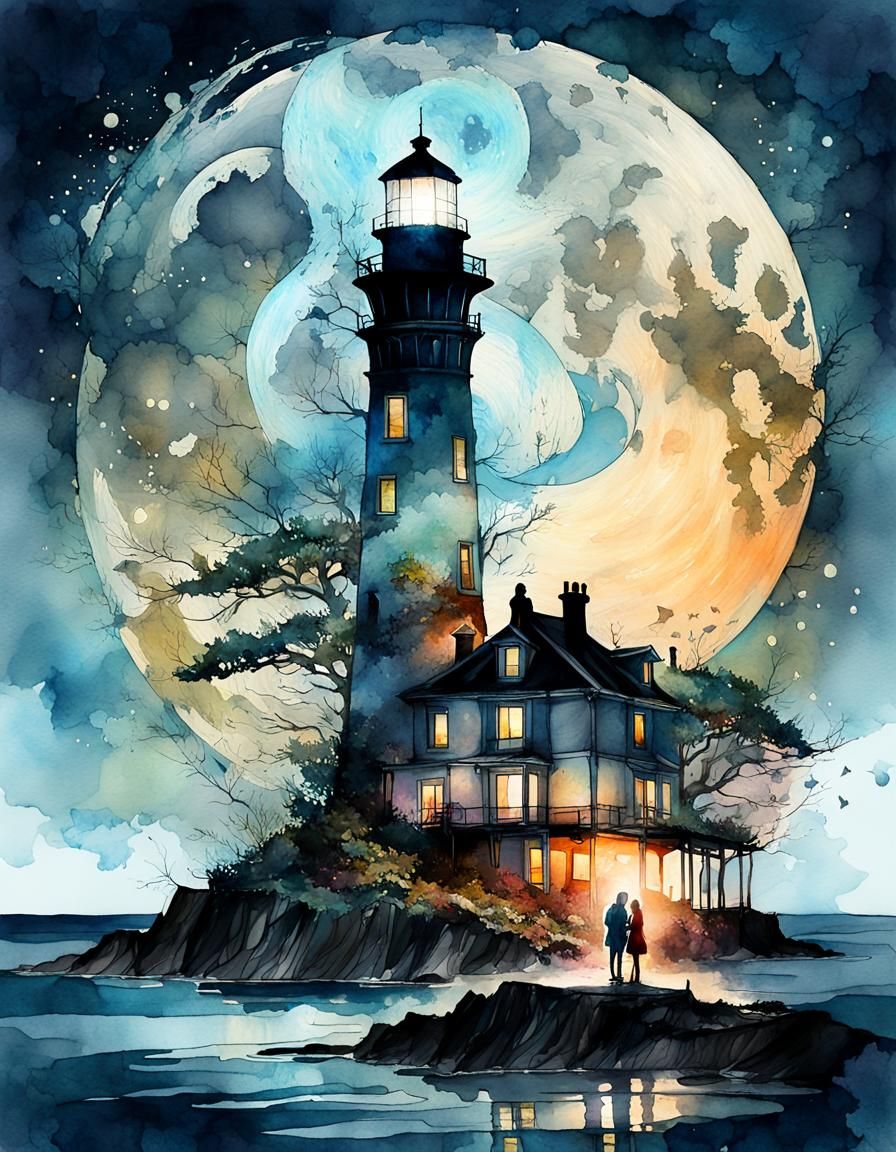 Silhouetted Siblings by Lighthouse in Double Exposure Waterc...