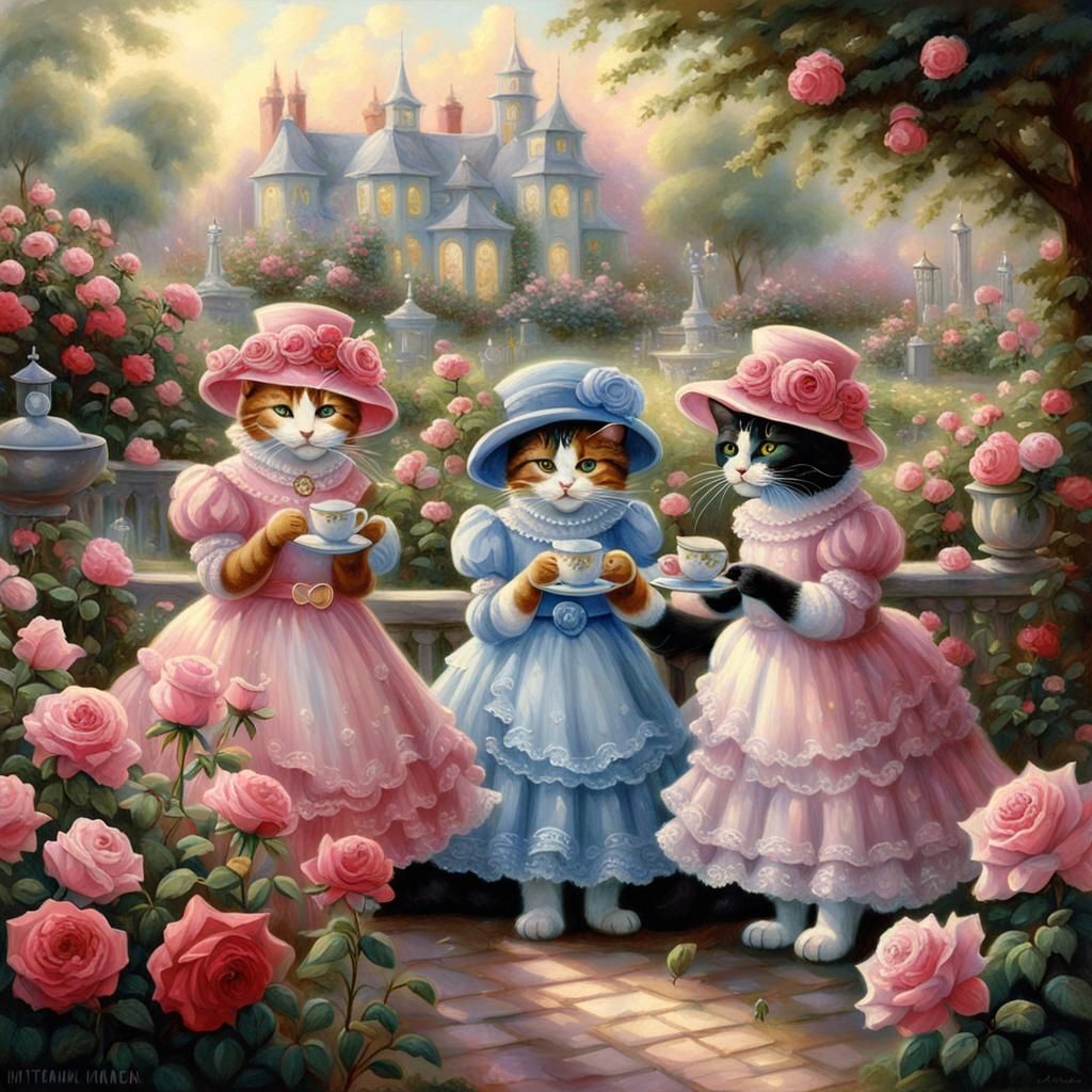 Elegant Cats' Tea Party in Rose Garden