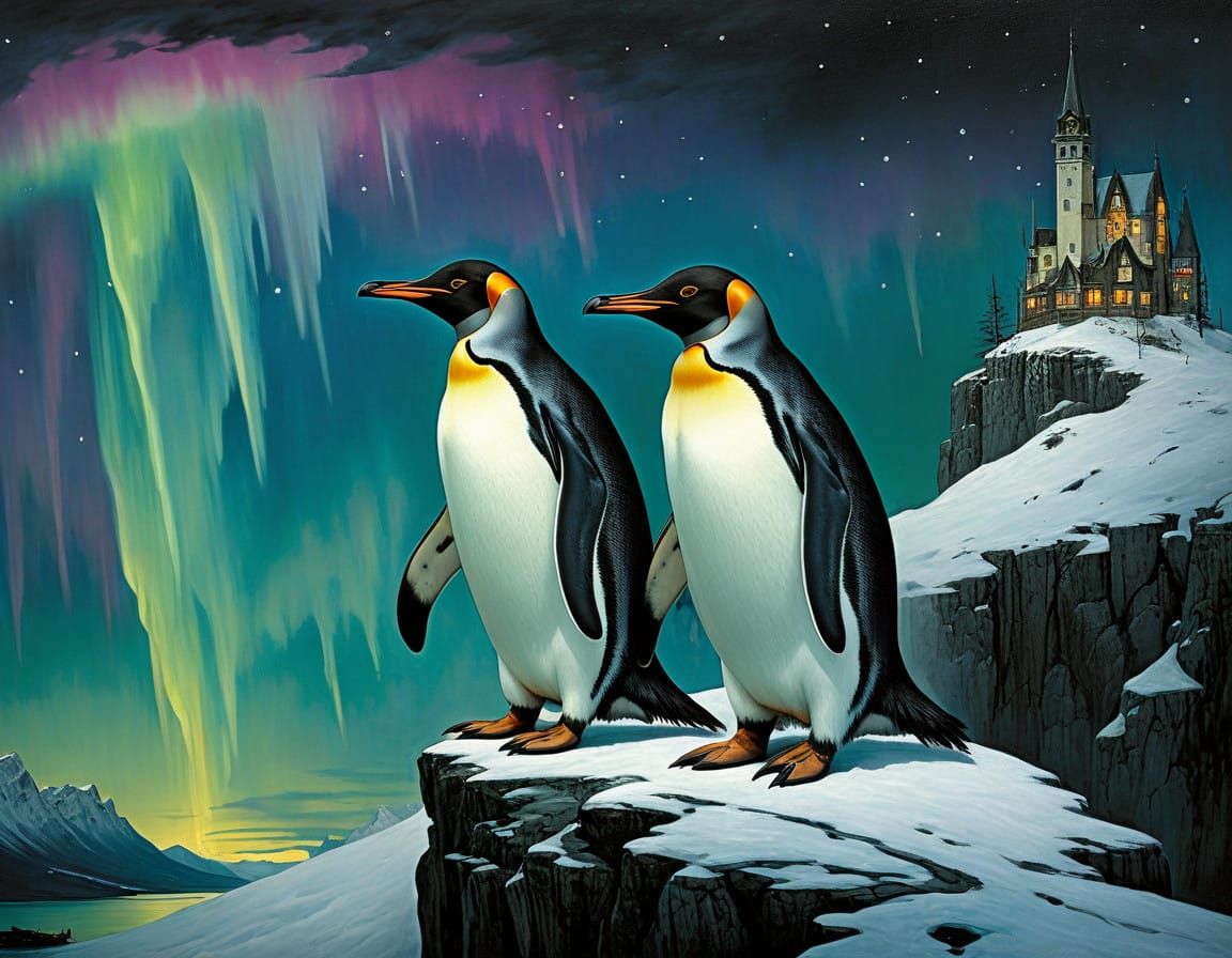 Surreal Penguins Marvel at Vibrant Northern Lights in Hyper-...
