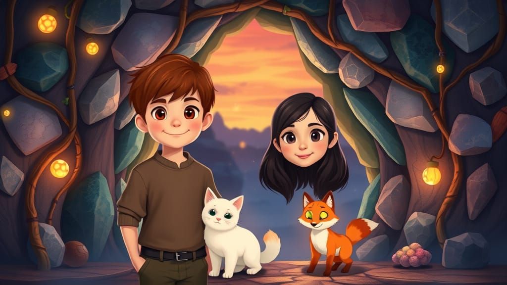 Enchanted Cave Entrance with Children and Magical Animals