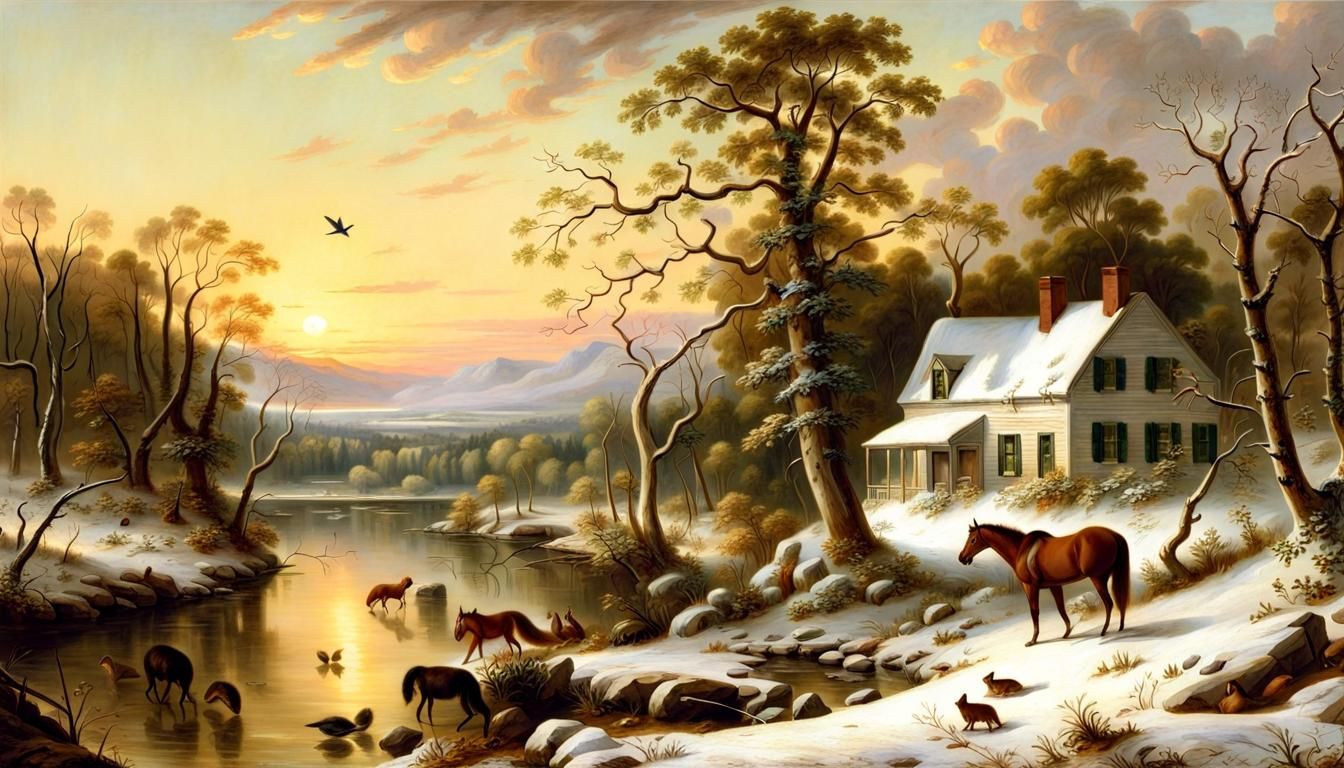 Winter Landscape with Cottage: Durand and Constable Style