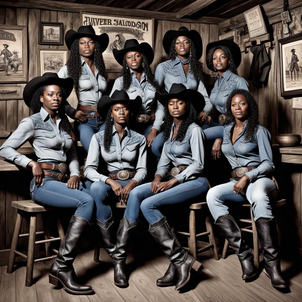 Black Cowgirls in Old West Saloon: Charcoal Drawing