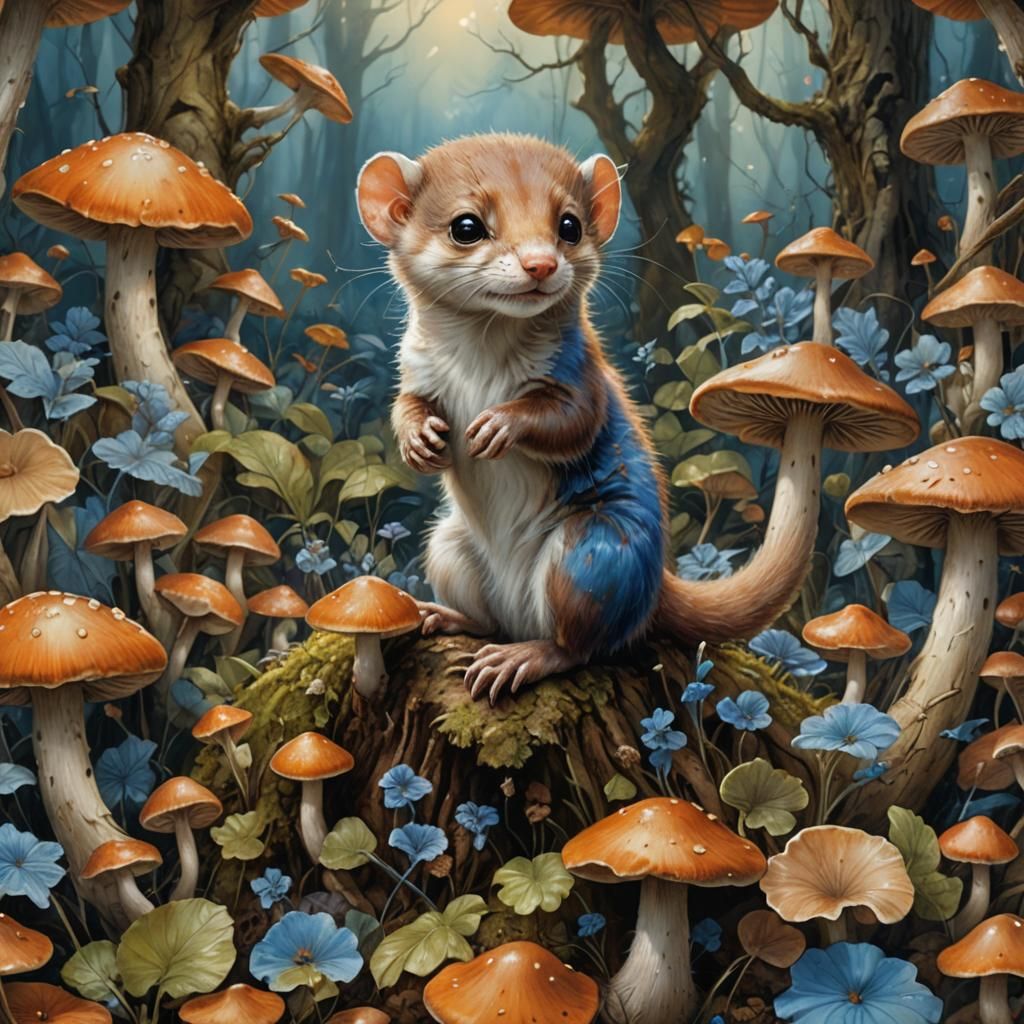 Baby Weasel Playing in Mushroom Forest as Digital Art