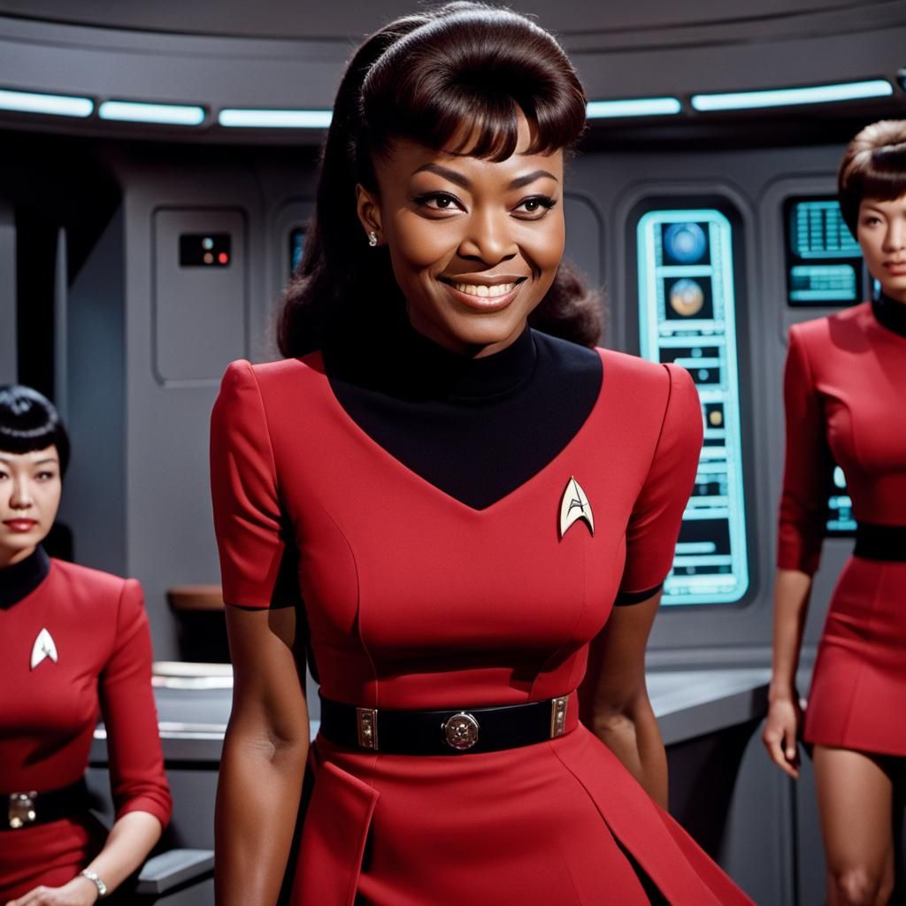 Lieutenant Officer Uhura on the communications bridge, in (miniskirt:1.7) (smiling face:1.7), red uniform, in Star Trek,
