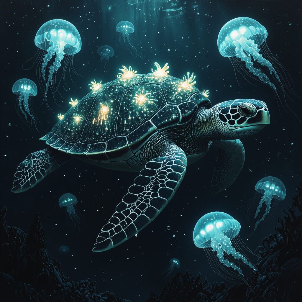 Bioluminescent Sea Turtle in Gothic Deep Sea Scene