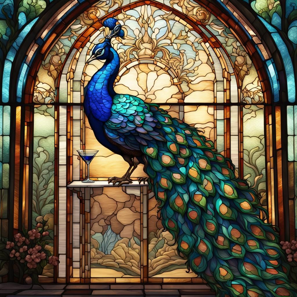 Stained Glass Peacock with Martini, Detailed Matte Painting