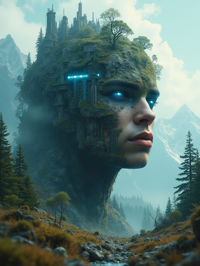 Terrain Face with Cities and Waterfalls in Dystopian Style