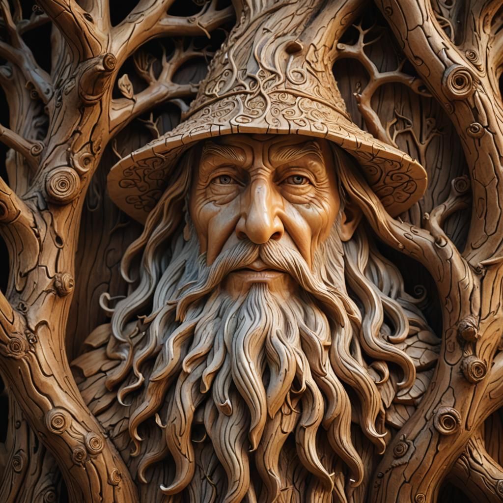 Wooden Tree Carving of Gandalf-like Wizard in 3D
