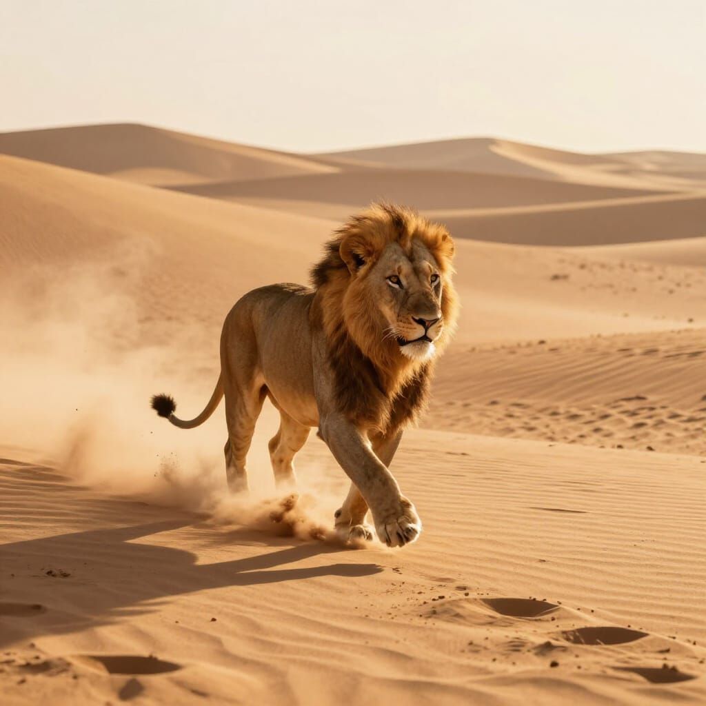 Majestic Lion Running Through Desert Dunes