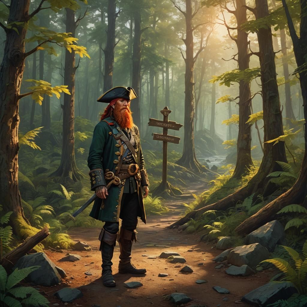 Pirate at Crossroads: Vibrant Oil Painting in Golden Light