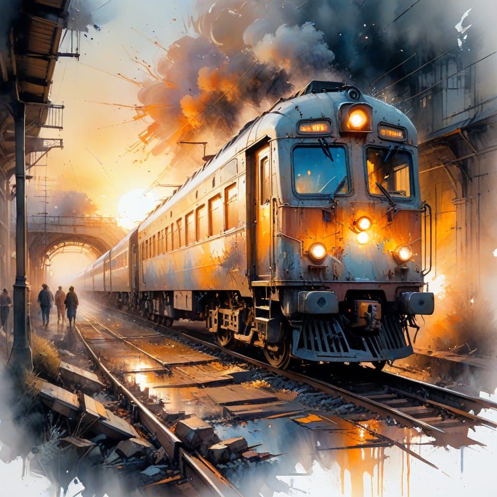 Old Train at Station in Watercolour Style