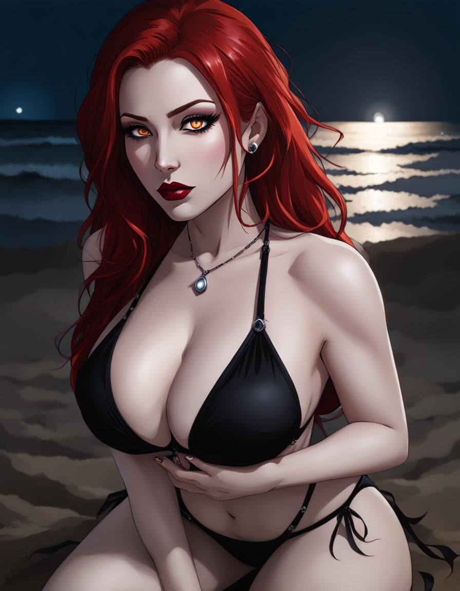 Redhead Vampire on a Beach at Night as Comic Art